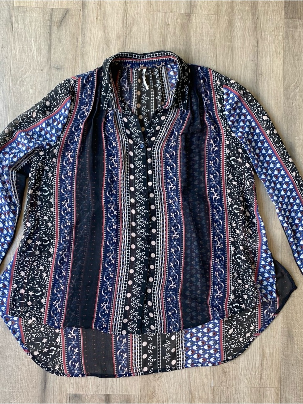 Free People Boho Navy Multi-Stripe Printed Button-Up Blouse Sz M